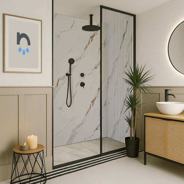 Shower area with soft grey and gold marble satin panels and matte black fittings
