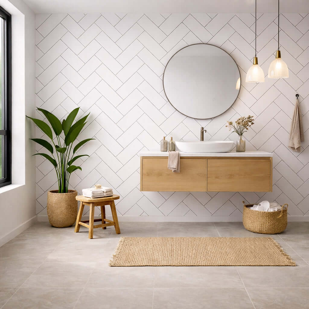 a stunning white herringbone pattern with grey grout pvc bathroom wall panel from bathroompanels direct.