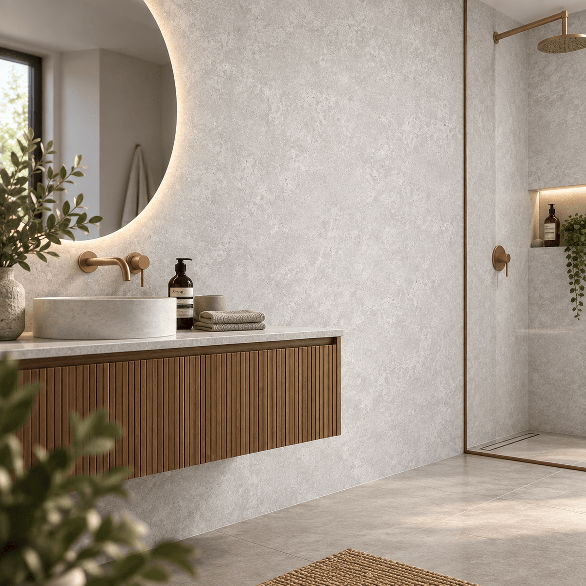 A modern bathroom interior with a floating wooden vanity, round vessel sink, warm brass fixtures, a large oval mirror, and a glass shower enclosure. The wall and floor have a light textured stone or plaster finish, with small plants and bottles placed on the counter.