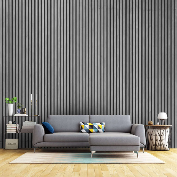 Grey oak acoustic slat wall panel – high-performance wood slat sound-dampening panel for modern interiors. Stylish soundproofing solution for homes, offices, and commercial spaces.