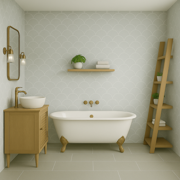 Modern bathroom with muted green mermaid scale satin wall panel and wooden accents
