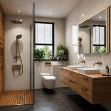 Modern bathroom with wooden vanity, toilet, and shower area, featuring bathroom panels directs natural pietra pvc panel.