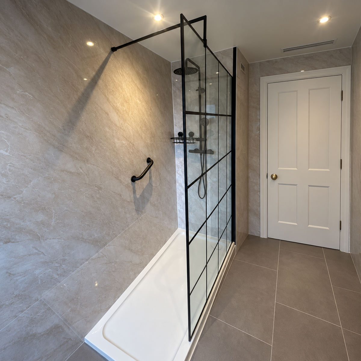 Modern bathroom finished with pergamon marble effect bathroom wall panels