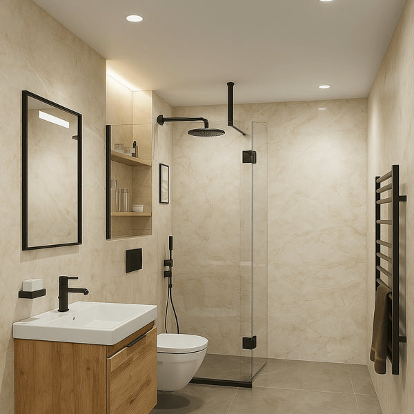 Elegant bathroom featuring Pergamon Marble panels, providing a warm and natural stone effect. Perfect for creating a serene and luxurious ambiance