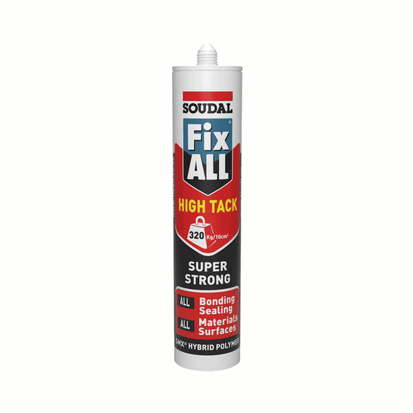 Soudal Fix All High Tack Sealant & Adhesive tube. Super strong, versatile adhesive for bonding and sealing in wet or dry conditions. Ideal for bathroom installations.
