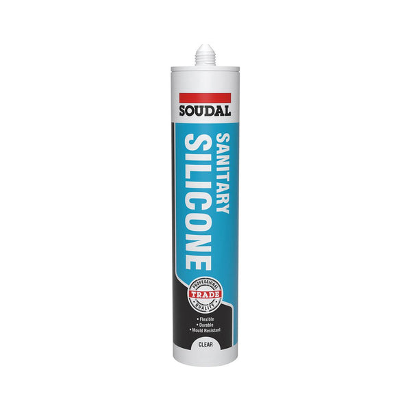 Soudal Sanitary Silicone - Clear, 290ml, ideal for flexible, durable, and mold-resistant sealing in bathrooms and kitchens. Perfect for professional or DIY use.
