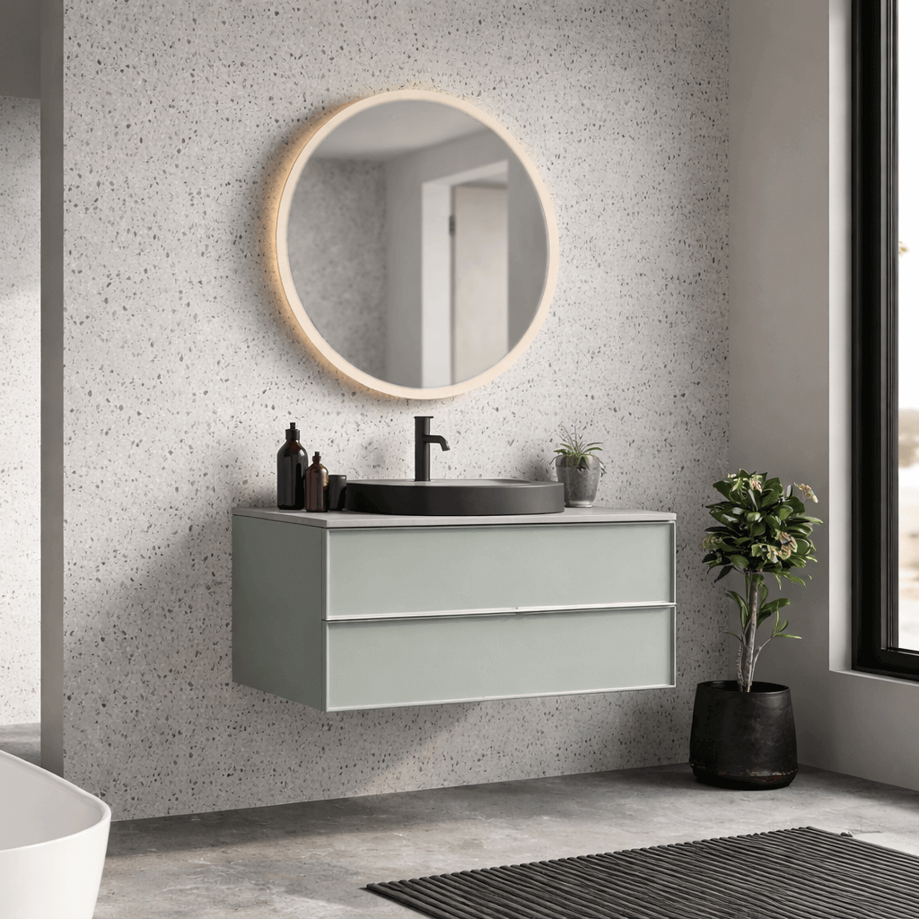 a classic fine terrezzo wall pannel in a mpodern light bathroom
