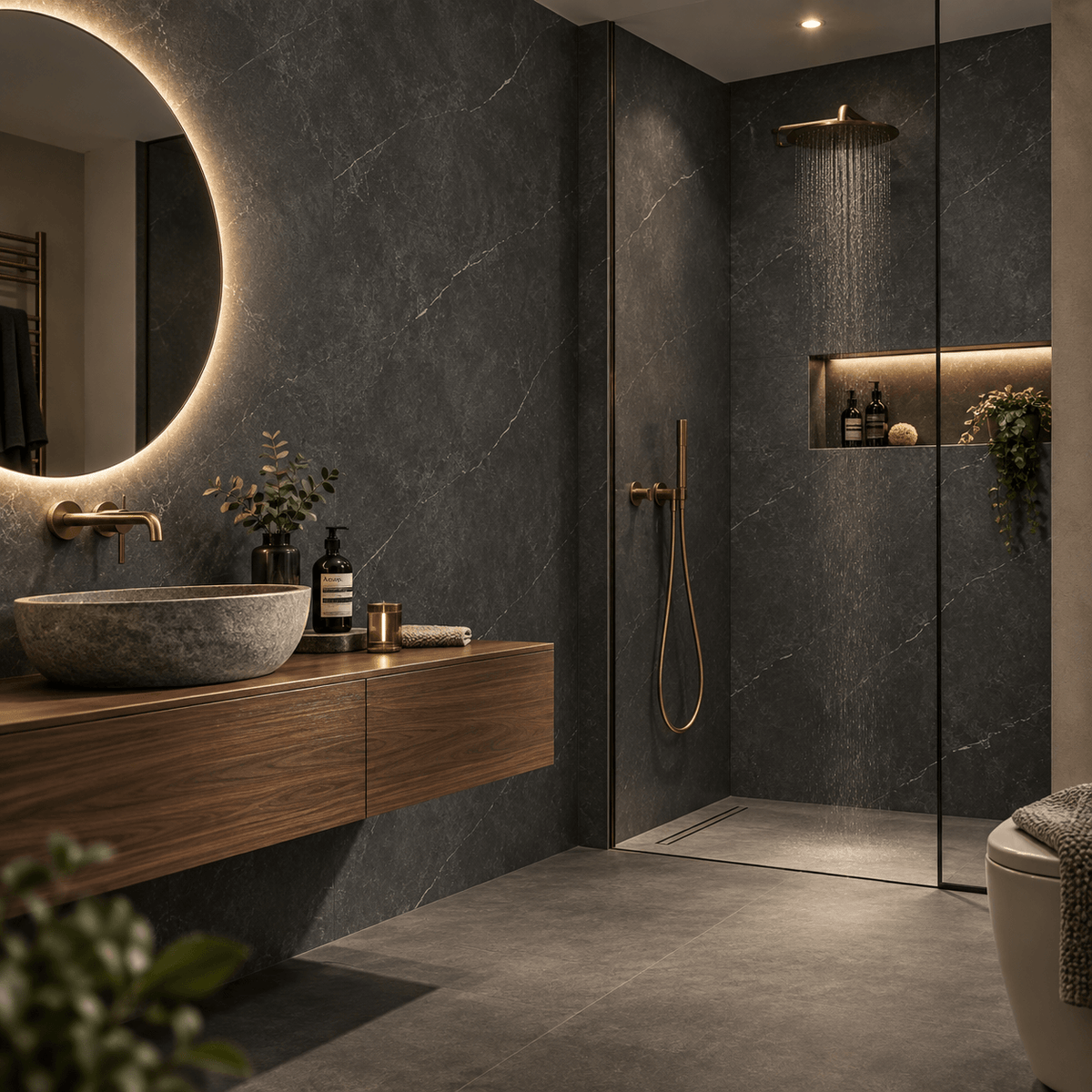 Modern bathroom interior with dark gray stone walls and floor, a floating wood vanity with a stone vessel sink, a round backlit mirror, and a glass-enclosed shower area with gold fixtures.
