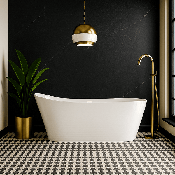 Freestanding white bath against dark grey satin PVC bathroom panel with gold fittings