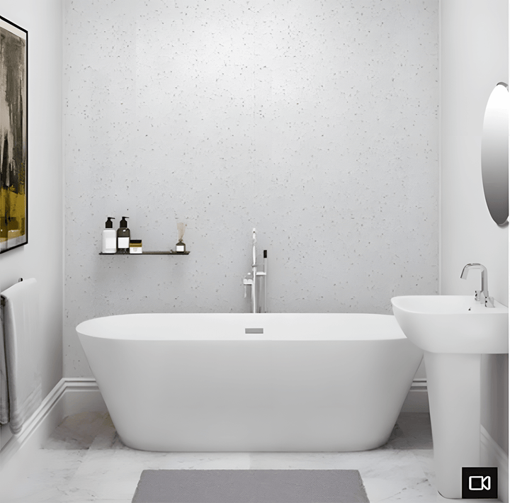 Modern bathroom with a freestanding tub and high gloss white sparkle PVC wall panels adding a touch of elegance and waterproof functionality.