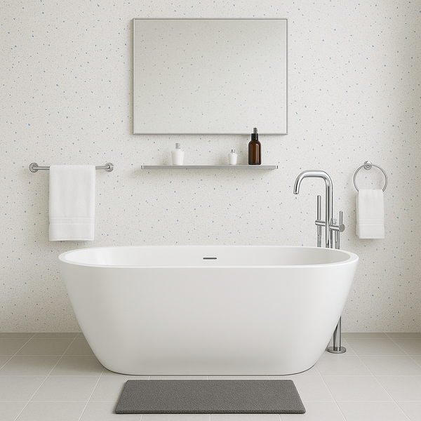 Modern bathroom with a freestanding bath and high gloss white sparkle PVC wall panels adding a touch of elegance and waterproof functionality.