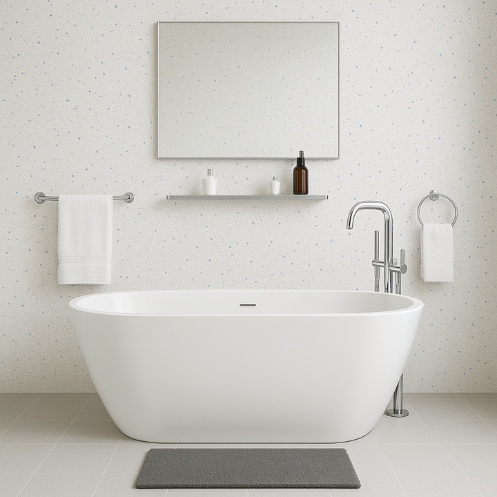 Modern bathroom with a freestanding bath and high gloss white sparkle PVC wall panels adding a touch of elegance and waterproof functionality.