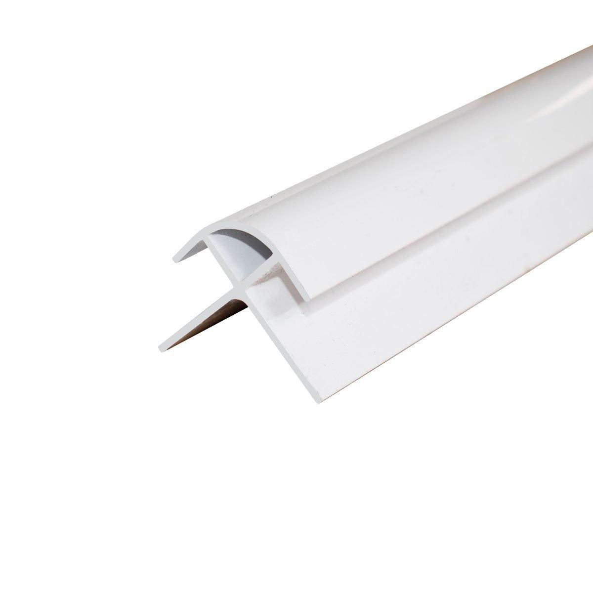 Close-up view of a white external trim, ideal for finishing edges and corners in bathroom panel installations. Provides a seamless, professional finish.