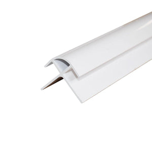 Close-up view of a white external trim, ideal for finishing edges and corners in bathroom panel installations. Provides a seamless, professional finish.