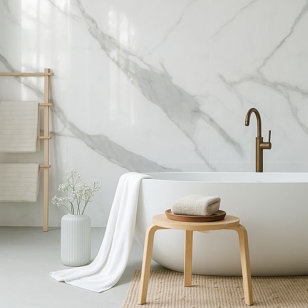 Bright and modern bathroom featuring White Marble panels, offering a sleek and timeless marble effect. Perfect for creating a sophisticated and clean space.