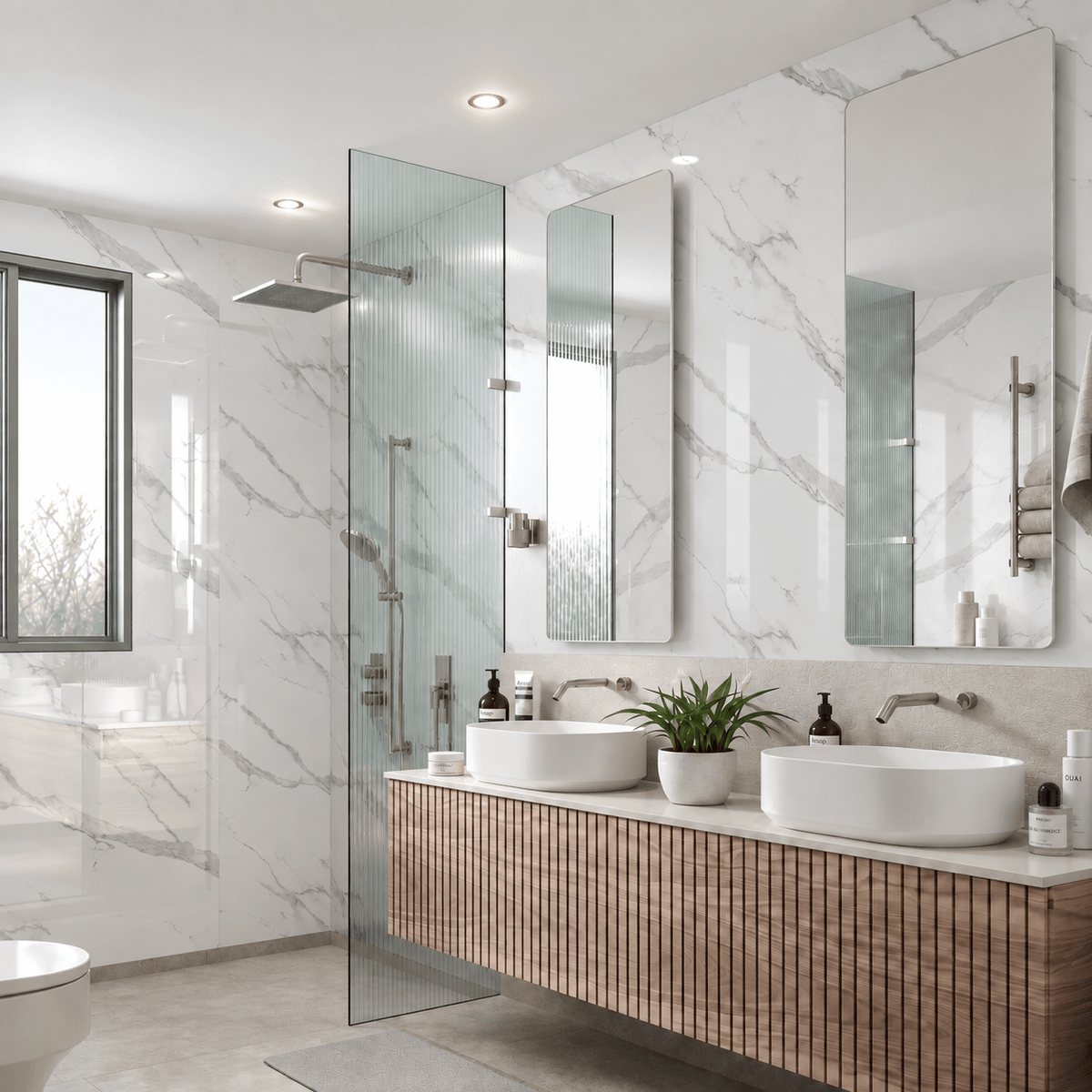 Modern floating double-sink bathroom vanity with a wood-look slatted front, white vessel sinks, a glass shower screen, and marble-look wall and floor tiles.