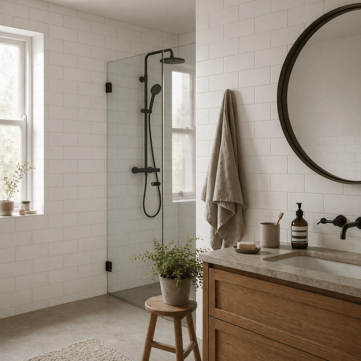 Modern bathroom with shower, sink, and wooden vanity