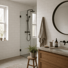 Modern bathroom with shower, sink, and wooden vanity