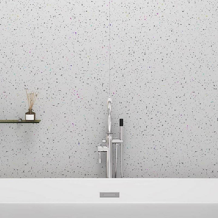 Bright bathroom featuring a white sparkle panel, adding a subtle shimmer effect to the walls. Perfect for creating a modern and elegant look with a touch of sparkle.