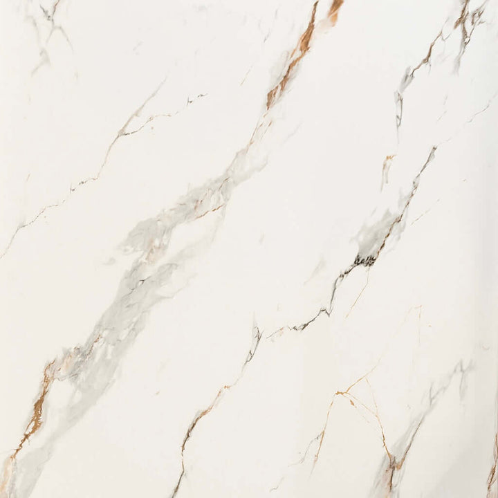 White marble surface with striking gold and grey veining, high resolution close-up texture for luxury bathroom wall panels